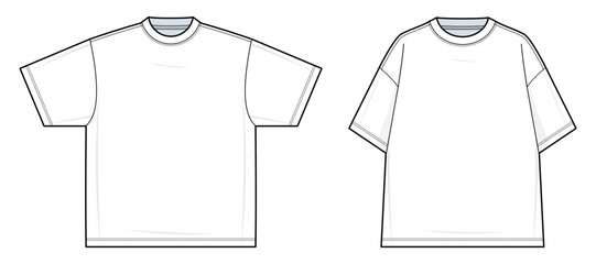 Wide-Fit Oversized T-Shirt Technical Fashion Illustration. Loose-Fit Crewneck Tee Vector Template. Casual Streetwear Style. Front View. CAD Mockup set.