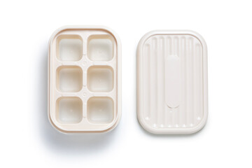 empty plastic ice block mold with lid on white background, top view