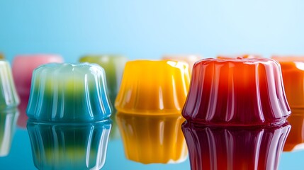 Colorful, delicious looking, miniature jelly desserts reflected on a surface.