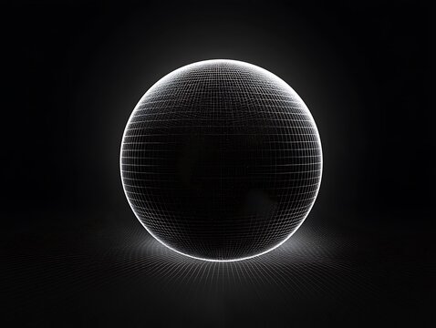 Abstract luminous sphere composed of wireframe grid on a dark background