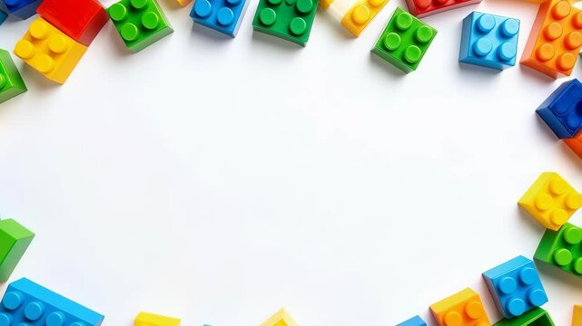 Colorful plastic toy blocks arranged on a white background framing a bright space ideal for text, graphic elements or designs.