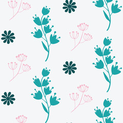 Seamless Floral Pattern with Teal Flowers and Pink Leaves on White Background