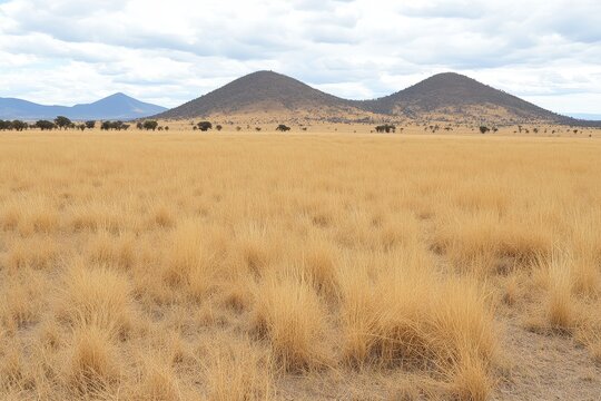 Vast golden grassland under a cloudy sky with gentle hills in the background during daytime
