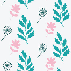 Seamless Floral Pattern with Teal Flowers and Pink Leaves on White Background
