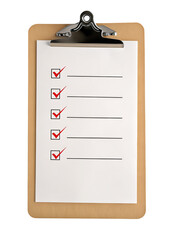 A clipboard with a paper showing a checklist with five red check marks and five blank lines on it