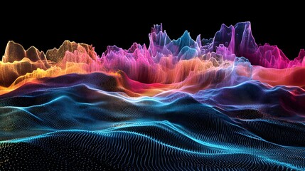 Colorful digital landscape of textured hills.