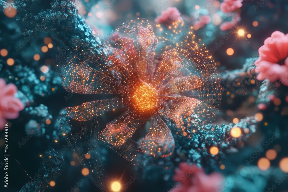 Poster futuristic representation of network growth with radiant floral patterns and glowing connections, 4k