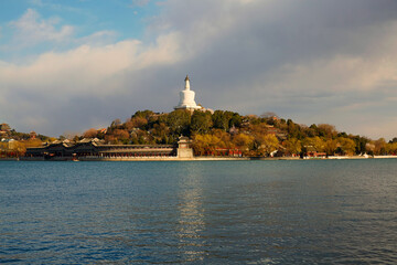 Beihai Park White Pagoda lakeside spring view.