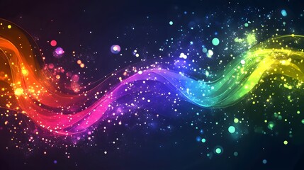 Vibrant abstract design with swirling rainbow streaks and sparkling particles.