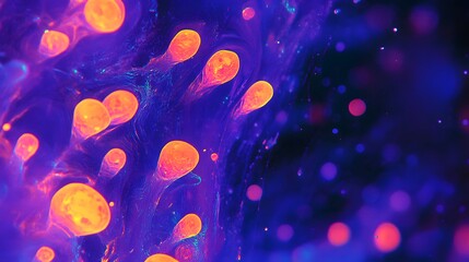Vibrant, glowing blobs in a dark, swirling pattern.