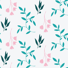 Seamless Floral Pattern with Teal Flowers and Pink Leaves on White Background