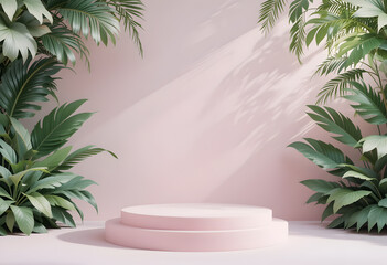 Pink Round Podium with Large Tropical Leaves and Soft Wall Shadows