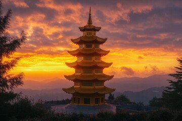 Obraz premium Golden Pagoda stands majestically against a vibrant sunset in serene mountains, Golden Pagoda