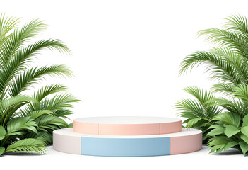 Multi-Color Circular Podium with Palm Leaves on White Background