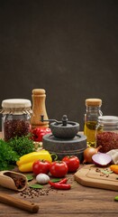 Vibrant Culinary Still Life: Fresh Herbs, Spices, and Colorful Vegetables on Rustic Wooden Table