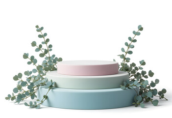 Layered Blue and Pink Podium with Eucalyptus Branches on White Background