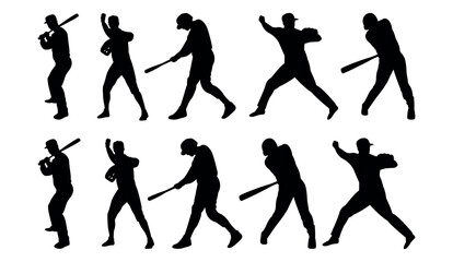 silhouette of baseball player pose, A set silhouette of baseball players