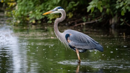 Fototapeta premium A regal heron wading in tranquil water.