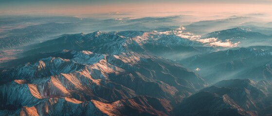 Aerial sunrise panorama of snow-capped mountain peaks with misty valleys and cinematic lighting for adventure tourism campaigns, outdoor brand storytelling, and environmental documentaries.

