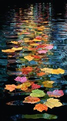Colorful Maple Leaves Floating on Blue Water with Reflections in Autumn Season