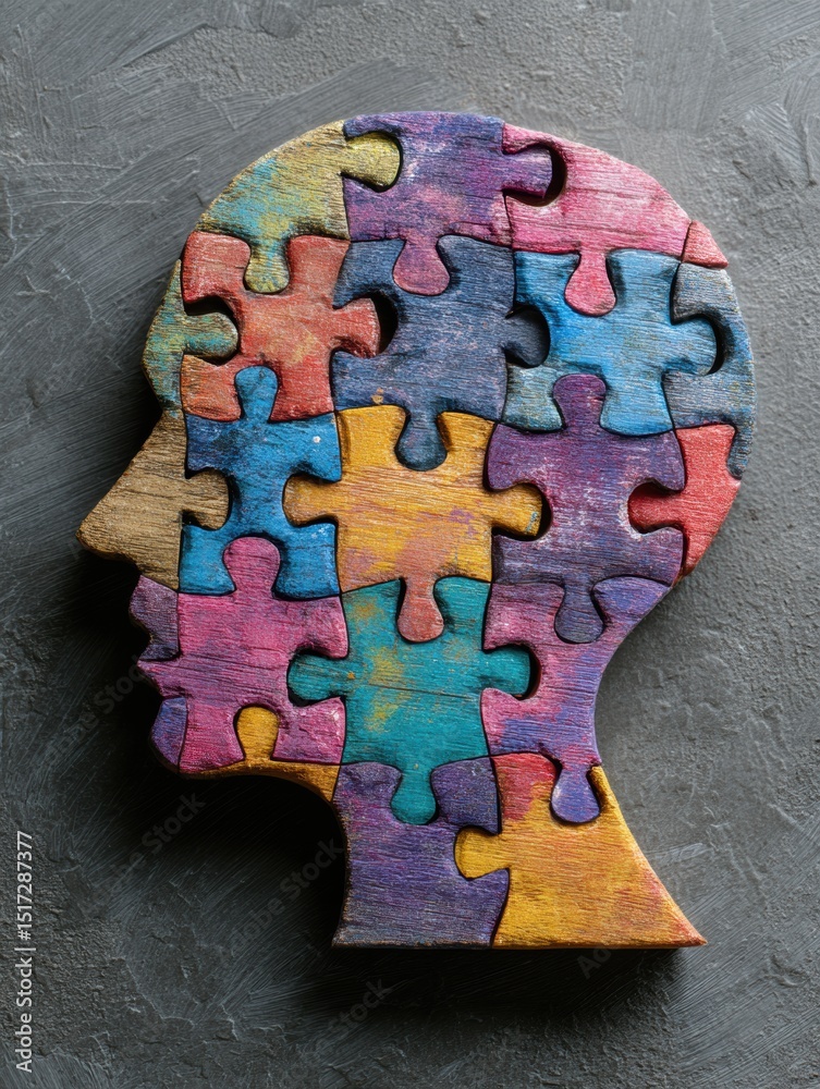 Poster Colorful Wooden Brain Shape Made of Puzzle Pieces Illustrating Complex Thinking and Problem-Solving Abilities
