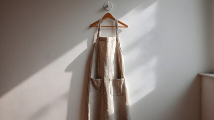 Hanging Linen Apron Minimalist Kitchen Aesthetic with Natural Light and Textured White Wall Decor