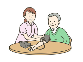 血圧計で血圧を測る手助けをする看護師と高齢男性と半身イラスト