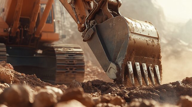 Close-up of powerful excavator digging into the earth, demonstrating construction progress and heavy industrial machinery in action