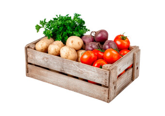 Freshly harvested vegetables displayed in a rustic wooden crate on transparent background, PNG