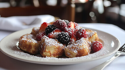 Delicious French Toast Topped with Fresh Berries and Powdered Sugar