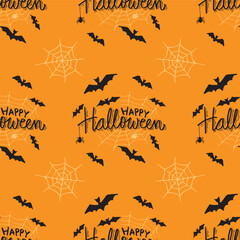 Halloween seamless pattern with bats and cobwebs on orange background