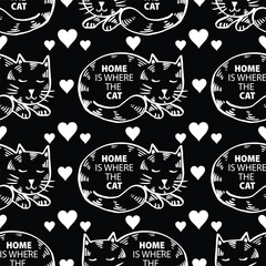Seamless pattern with home is where the cat lettering, and hearts. Black and white vector illustration.