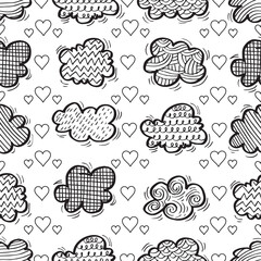Black and white seamless pattern with hand drawn clouds and hearts. Vector illustration