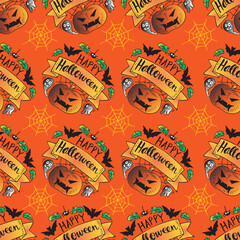 Halloween seamless pattern with pumpkins, bats and spiders on orange background.