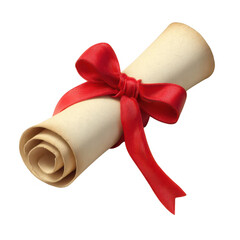 Rolled parchment scroll with red ribbon isolated on transparent background