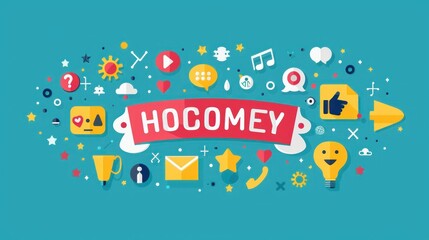 Digital banner with welcome and cheerful icons