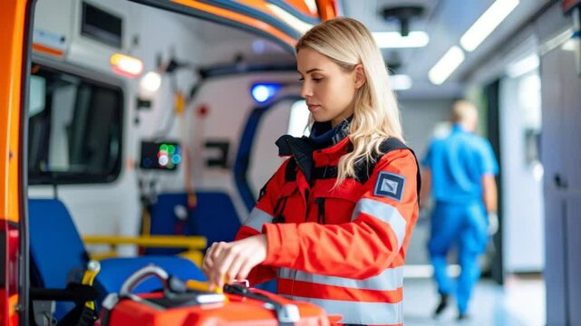 Paramedic working inside ambulance
