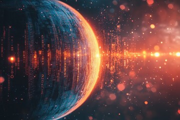 Digital data processing represented through binary code orbiting a globe in a vibrant cosmic setting, binary coding digital data processing over globe