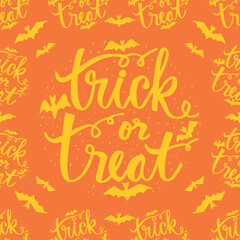 Trick or treat hand drawn lettering card. Vector illustration. Seamless pattern.