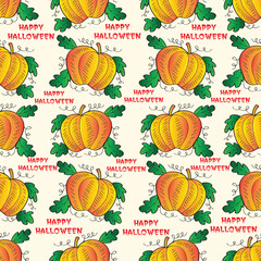 Seamless pattern with pumpkins and text Happy Halloween. Vector illustration.