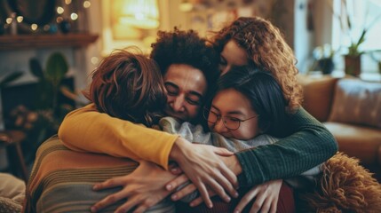 Group hug in a cozy home setting