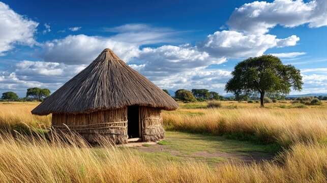 Round traditional hut with a thatched roof, standing alone in a wide open grassland