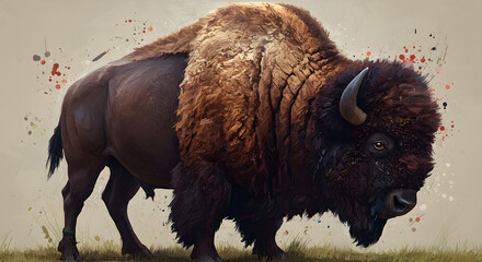 Bison with detailed fur and horn standing on grass