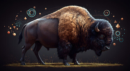 Bison with abstract digital elements in surreal style