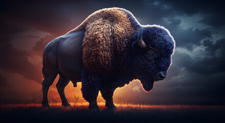 Bison with a buffalo head in a surreal landscape
