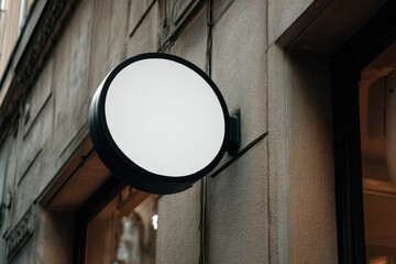A blank circular sign, black frame, mounted on a stone building's exterior, near a storefront window