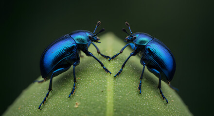Blue beetles on green leaf
