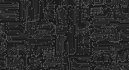 Electronics board. Circuit board electronic hi tech pattern. Black monochrome background. gray lines and dots isolated on black background. Vector art