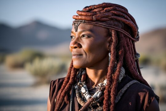Portrait of Himba woman coated in traditional red otjize paste covering skin and hair