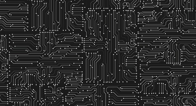 Electronics board. Circuit board electronic hi tech pattern. Black monochrome background. gray lines and dots isolated on black background. Vector art